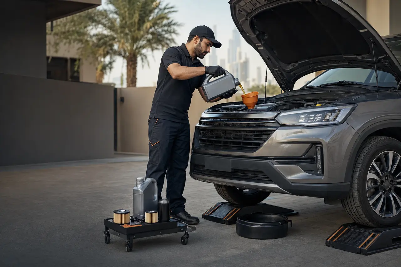 Illustrative mobile technician replacing engine oil and preparing a new oil filter in Dubai
